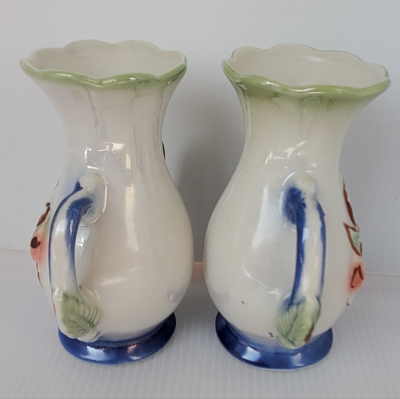 2 Vintage Floral Vases Lusterware Ornate trophy Brazil Blush Mint Blue 5" Pair - Picture 5 of 10